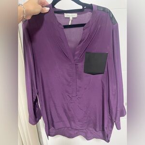SANDRO Womens Blouse Top Shirt Purple 100% Silk Leather Trim Size 2/M/6